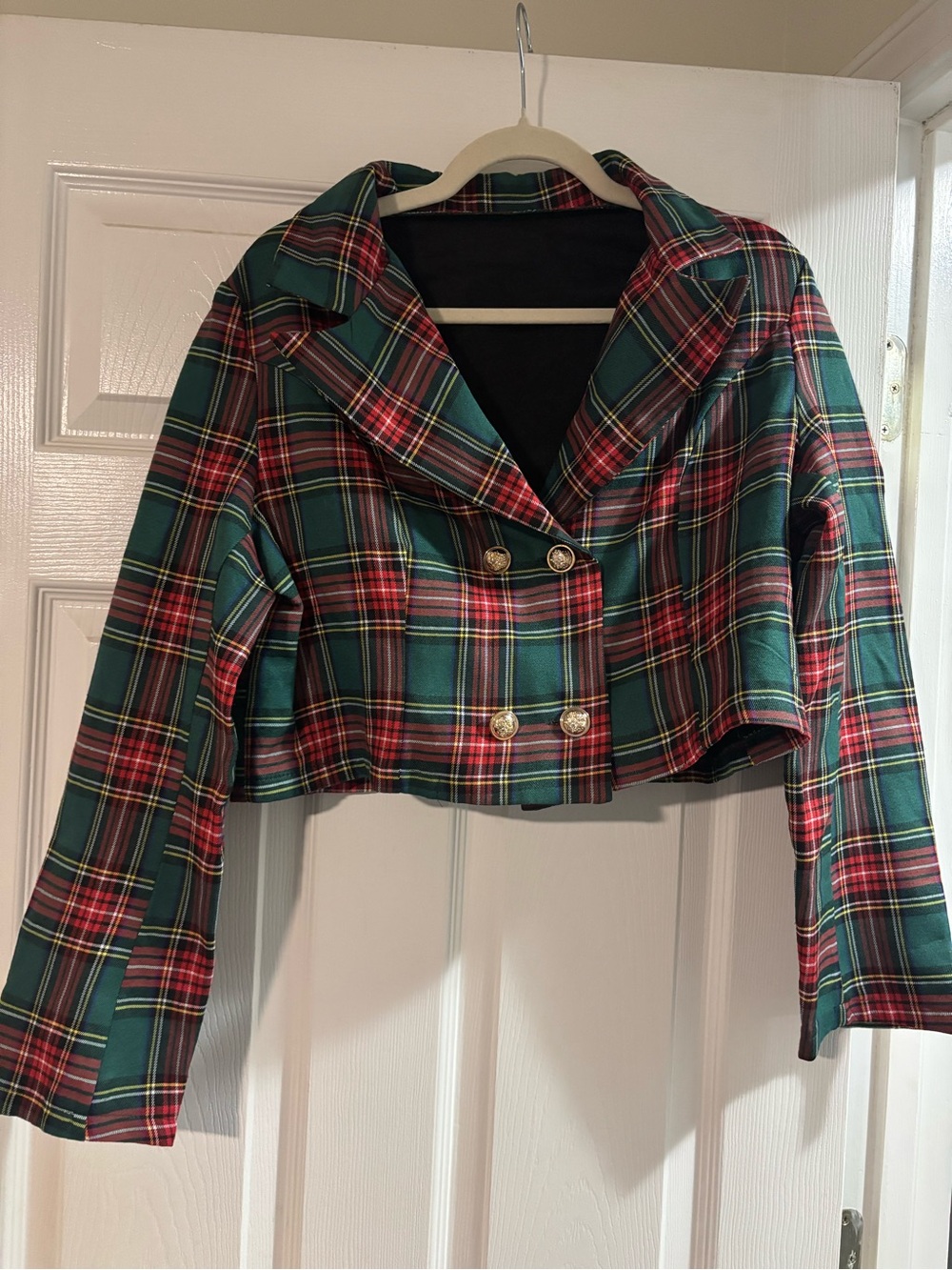 Green Plaid Cropped Jacket with Emerald Green Skirt - Picture 2 of 4